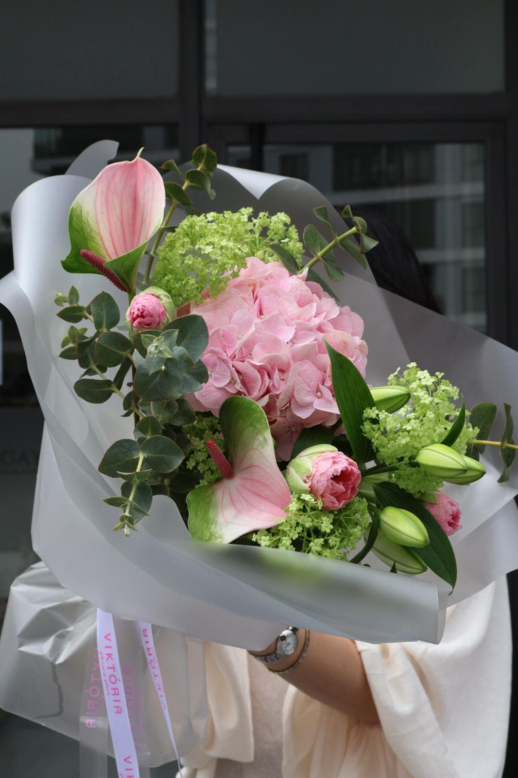 Pembe Ortanca - Dondurma Lale - Antoryum Buket